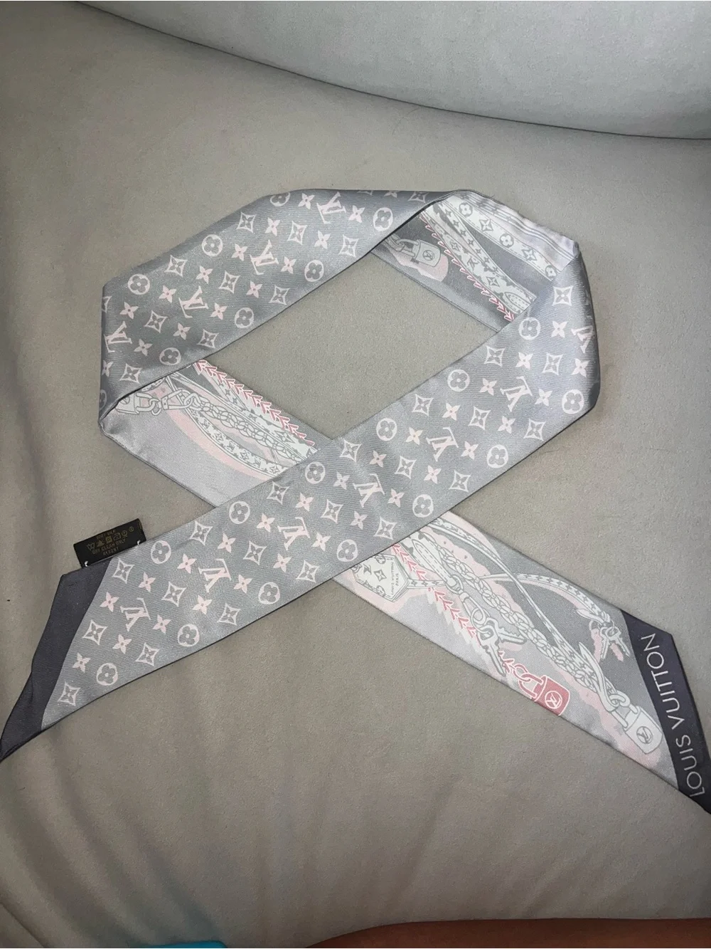 Louis Vuitton Pink & Gray Monogram Silk Bandeau Scarf